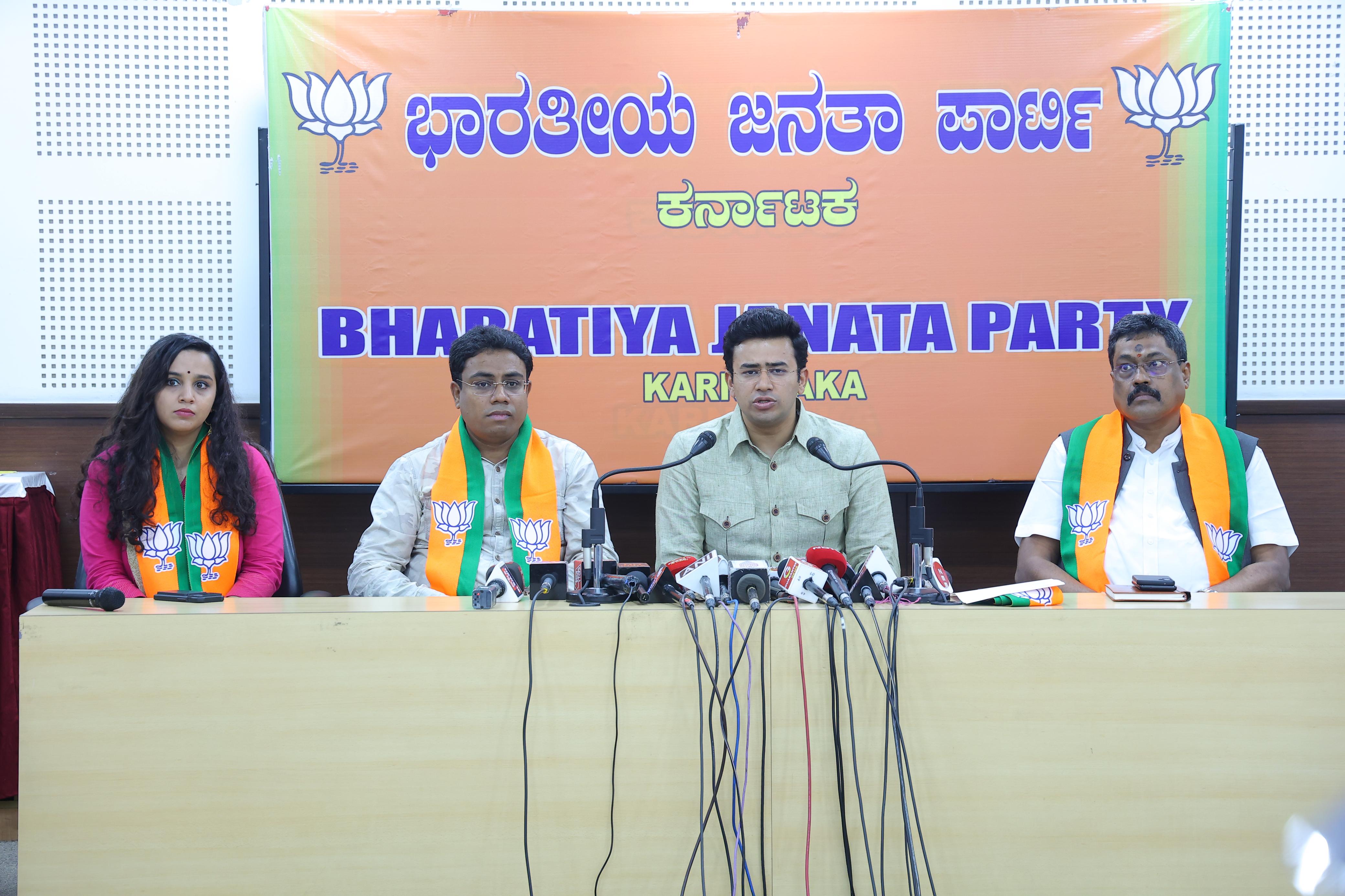 Press Meet : Sri Tejasvi Surya, State spokespersons Sri Ashok Gowda, Sri Mohan Vishwa, Smt. Surabhi Hodigere